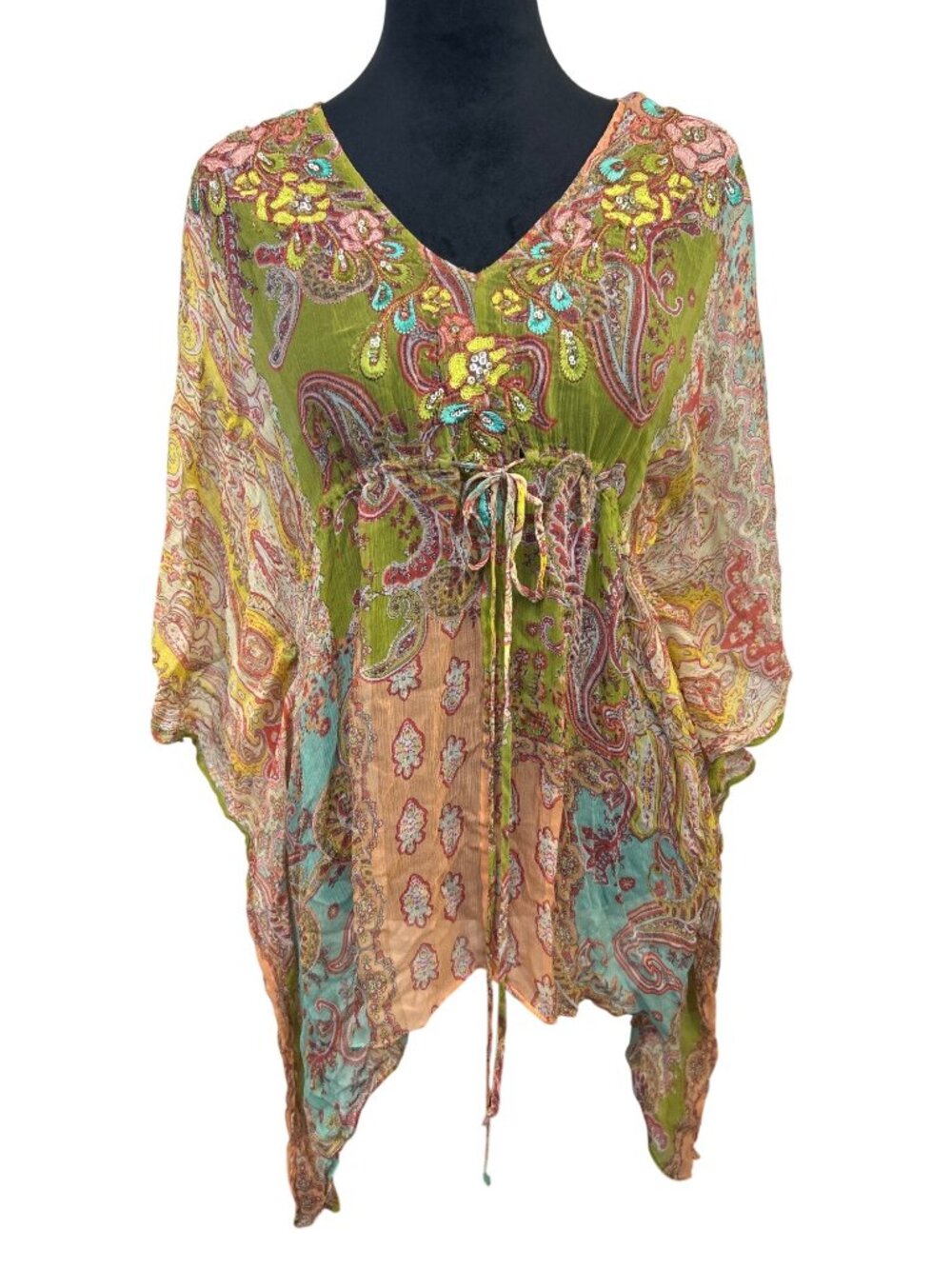 Cache Size S Cover-up Top Sheer Silk Beaded Embroidered Paisley Fairycore